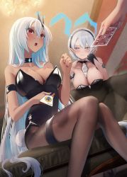 1other 2girls @_@ absurdres amane_sora arm_strap bad_id bad_twitter_id bare_arms bare_shoulders between_breasts black_leotard blush breast_rest breasts brown_pantyhose bunny_day card choker cleavage collar covered_navel crossed_bangs detached_collar fake_tail g gloves hair_between_eyes hairband highleg highleg_leotard highres holding holding_card holographic_clothing joker_(playing_card) leotard looking_at_another mole mole_on_breast mole_under_mouth multiple_girls nail_polish nontraditional_playboy_bunny open_mouth original pantyhose playboy_bunny playing_card pointy_ears rabbit_tail red_eyes red_nails smile strapless strapless_leotard tail teeth thigh_strap upper_teeth_only white_collar white_hair