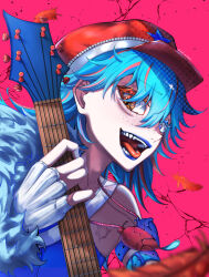 1girl absurdres ado_(utaite) armlet blue_eyes blue_hair commentary english_commentary gloves hat heterochromia highres jewelry open_mouth orange_eyes piercing pink_background red_hat rockstar_(ado) sido_(sido_mrtsnkc) solo star-shaped_pupils star_(symbol) symbol-shaped_pupils tongue tongue_out tongue_piercing white_gloves