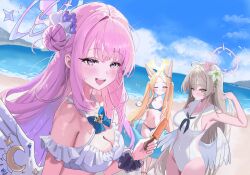 Rule 34 | 3girls, absurdres, alternate costume, alternate hairstyle, animal ear fluff, animal ears, bare arms, bare shoulders, beach, bikini, black neckerchief, blonde hair, blue archive, blue bikini, blue bow, blush, bow, breasts, cleavage, closed mouth, covered navel, feathered wings, flower, forehead, fox ears, fox girl, frilled bikini, frills, hair bun, hair flower, hair ornament, hair scrunchie, highres, holding, holding swim ring, innertube, large breasts, long hair, mika (blue archive), multiple girls, nagisa (blue archive), navel, neckerchief, ocean, one-piece swimsuit, one eye closed, open mouth, pink eyes, pink flower, pink hair, purple flower, scrunchie, seia (blue archive), shogunx1x, sidelocks, single side bun, swim ring, swimsuit, teeth, twintails, upper teeth only, white bikini, white flower, white one-piece swimsuit, white scrunchie, wings, yellow eyes