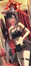 1girl absurdres animal_ear_fluff animal_ears armband bare_arms bare_shoulders black_choker black_hair black_shorts black_sports_bra blue_archive blush breasts cellphone choker cleavage colored_inner_hair fox_ears fox_girl fox_tail highres holding holding_phone large_breasts long_hair looking_at_viewer mirror_selfie multicolored_hair navel phone red_hair selfie shorts sidelocks smartphone solo sports_bra tail thigh_strap two-tone_hair vam_(js_vam) wakamo_(blue_archive)
