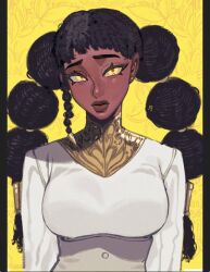 1girl afro_puffs braid breasts corset dark-skinned_female dark_skin desscaras furrowed_brow h0rtens1a kinky_hair large_breasts long_sleeves looking_at_viewer madan_no_ichi multi-tied_hair puffy_long_sleeves puffy_sleeves shirt side_braid single_braid solo thick_lips twintails upper_body very_dark_skin white_corset white_shirt witch yellow_background