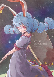 1girl ambiguous_red_liquid animal_ears blue_dress blue_hair character_name commentary crescent dress earclip female_focus frills kine legacy_of_lunatic_kingdom long_hair mallet rabbit_ears red_eyes satyuas seiran_(touhou) sky solo stain star_(sky) star_(symbol) starry_sky touhou twintails
