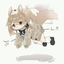 Rule 34 | 1girl, :3, animal, animal ears, animal on head, black neckerchief, black ribbon, black shoes, blush, brown hair, brown skirt, cardigan, cat, cat on head, closed mouth, commentary request, dog ears, dog girl, dog tail, fangs, fangs out, flying, full body, green eyes, grey background, grey cardigan, grey sailor collar, hair between eyes, hair ornament, hair ribbon, hairclip, helicopter tail, highres, loafers, long hair, long sleeves, loose socks, mamehinata, neckerchief, notamaru 2, on head, open cardigan, open clothes, parallel hairclips, plaid clothes, plaid skirt, ribbon, sailor collar, shadow, shoes, signature, simple background, skin fangs, skirt, socks, solo, tail, vrchat, white socks