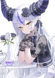 1girl absurdres belt black_belt black_flower black_gloves black_ribbon black_rose closed_mouth cross cross_earrings cup demon_girl demon_horns earrings flower gloves hair_flower hair_ornament highres hololive horns jewelry la+_darknesss lace lace_gloves multicolored_hair neck_ribbon piyokuma pointy_ears purple_hair ribbon rose simple_background skirt smile solo streaked_hair table teacup teapot vase virtual_youtuber white_background white_flower white_hair white_rose white_skirt yellow_eyes