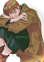 1boy bandaid bandaid_on_face bandaid_on_forehead black_pants black_shirt boots brown_coat brown_hair brown_shoes bruise bruise_on_face closed_mouth coat commentary_request grey_eyes gundam gundam_gquuuuuux highres hugging_own_legs injury layered_sleeves long_sleeves looking_to_the_side male_focus pants shirt shoes short_hair sideways_glance simple_background sitting solo thisis_heavenw7 twitter_username white_background xavier_olivette