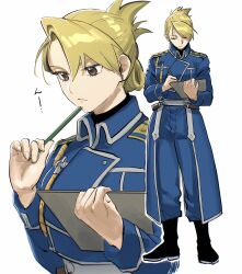 1girl blonde_hair blue_jacket brown_eyes closed_eyes closed_mouth commentary full_body fullmetal_alchemist highres holding holding_pencil jacket medium_hair military_uniform multiple_views ozaki_(tsukiko3) pencil riza_hawkeye simple_background solo upper_body white_background