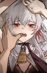 1boy 1girl absurdres bell black_bra black_choker blush bra choker commentary english_commentary finger_in_another&#039;s_mouth from_above grey_hair hair_between_eyes hands_up highres leash long_hair looking_at_viewer lying mole mole_under_eye multicolored_hair on_back open_mouth portrait pov pov_hands red_eyes ryeon_(bluetom1) streaked_hair tearing_up teeth tongue underwear upper_teeth_only viewer_holding_leash wuthering_waves zani_(wuthering_waves)