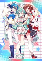 Rule 34 | 1boy, 2girls, :d, ;d, ;p, arm up, bandaid, bandaid on knee, bandaid on leg, bare shoulders, black skirt, blue boots, blue bow, blue bowtie, blue hair, blush, boots, bow, bowtie, braid, brown hair, brown shoes, cardigan, cinnamoroll, closed mouth, collared shirt, commentary request, double-parted bangs, frilled skirt, frills, full body, green shoes, green socks, grid background, hair between eyes, hat, hatsune miku, headphones, headphones around neck, highres, kaho 0102, kaito (vocaloid), kneehighs, lace-up boots, long sleeves, looking at viewer, meiko (vocaloid), multiple girls, one eye closed, open cardigan, open clothes, open mouth, outline, pants, pochacco, red bow, red bowtie, sanrio, shirt, shoes, short hair, skirt, sleeveless, sleeveless shirt, smile, sneakers, socks, standing, standing on one leg, striped clothes, striped socks, sweater, thighhighs, tongue, tongue out, tuxedo sam, v, vocaloid, white background, white cardigan, white hat, white outline, white pants, white shirt, white skirt, white thighhighs, yellow sweater