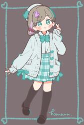 Rule 34 | 1girl, :&gt;, aqua bow, aqua bowtie, aqua eyes, aqua skirt, artist name, beret, black shoes, black socks, blue cardigan, blue hat, blue shirt, blush, bow, bowtie, cardigan, closed mouth, commentary, finger heart, full body, grey background, grey hair, hat, highres, homaru (kurumique), kneehighs, long sleeves, looking at viewer, love live!, love live! superstar!!, low ponytail, medium skirt, multicolored hair, official alternate costume, open cardigan, open clothes, pleated skirt, ponytail, purple hair, shirt, shoes, short hair, short ponytail, signature, simple background, skirt, sleeves past wrists, smile, socks, solo, streaked hair, tang keke, ||/