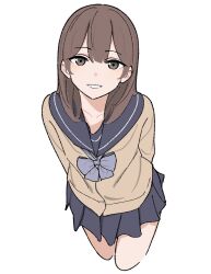 Rule 34 | 1girl, blue bow, blue sailor collar, blue skirt, bow, breasts, brown eyes, brown hair, collarbone, hair between eyes, highres, kashiwa (iersansi), long hair, long sleeves, looking at viewer, open mouth, original, pleated skirt, sailor collar, school uniform, simple background, skirt, smile, solo, teeth, white background