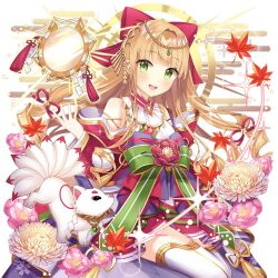 1girl blonde_hair blunt_bangs bow flower green_eyes hair_bow japanese_clothes kitsune kyuubi large_bow lina_princella long_hair multiple_tails off_shoulder salt_(salty) tail thighhighs uchi_no_hime-sama_ga_ichiban_kawaii very_long_hair white_thighhighs