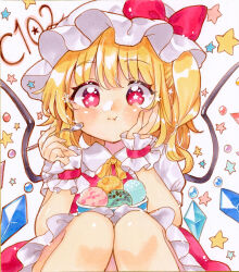 Rule 34 | 1girl, blonde hair, bow, collared shirt, flandre scarlet, food, hand on own cheek, hand on own face, hat, hat bow, highres, holding, holding polearm, holding weapon, ice cream, looking at viewer, marker (medium), medium hair, mimi (mimi puru), mob cap, neck ribbon, one side up, polearm, puffy short sleeves, puffy sleeves, red bow, red eyes, red skirt, red vest, ribbon, shirt, short sleeves, skirt, solo, star-shaped pupils, star (symbol), symbol-shaped pupils, touhou, traditional media, vest, weapon, white hat, white shirt, wrist cuffs, yellow ribbon