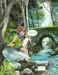 1girl black_shorts blue_eyes blue_shorts bracelet branch bridge brown_hair child cloud cloudy_sky dappled_sunlight dialogue_box english_text female_focus freckles full_body girutea grass green_eyes green_hair_ornament green_sandals hair_ornament highres indie_virtual_youtuber jacket jewelry lily_hopkins looking_at_viewer messy_hair moss nature on_ground on_rock outdoors pointing pun rock sandals shorts signature sitting sitting_on_object sky solo speech_bubble stone stream sunlight tagme talking thighs tree tree_shade virtual_youtuber water yellow_jacket