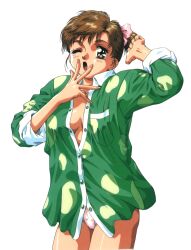 1girl arm_up brown_eyes brown_hair cowboy_shot green_shirt highres makino_ryuuichi no_pants non-web_source one_eye_closed open_mouth original panties partially_unbuttoned pasocom_paradise polka_dot polka_dot_shirt retro_artstyle shirt short_hair simple_background sleeves_rolled_up solo underwear white_background yawning