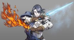 1girl absurdres armor black_hair blue_eyes blue_robe blue_surcoat brown_gloves closed_mouth commentary_request elden_ring elden_ring:_shadow_of_the_erdtree fighting_stance flaming_sword flaming_weapon full_armor gloves grey_background highres knight looking_at_viewer nikichi6nitijyo rellana_twin_moon_knight robe solo upper_body