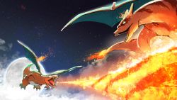 bad_id bad_pixiv_id breath_weapon breathing_fire charizard commentary_request fangs fire flame-tipped_tail gen_1_pokemon hinata_(hinata-ur) moon night nintendo no_humans open_mouth outdoors pokemon pokemon:_the_first_movie_-_mewtwo_strikes_back pokemon_(anime) pokemon_(classic_anime) pokemon_(creature) pokemon_battle tail tongue