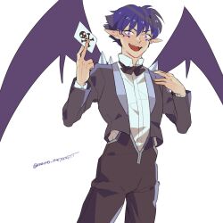 Rule 34 | 1boy, black suit, blue hair, card, commentary request, cowboy shot, formal clothes, holding, holding card, kyoukai no rinne, looking at viewer, male focus, mame moyashi, masato (kyoukai no rinne), pointy ears, purple eyes, short hair, simple background, solo, suit, white background, wings