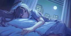 1girl animal_print blue_archive blue_shirt blue_shorts blush cat_print closed_mouth hair_between_eyes hairband highres long_hair looking_at_viewer moon night official_alternate_costume official_alternate_hairstyle purple_eyes purple_hair samlooop shirt shorts smile solo white_hairband yuuka_(blue_archive) yuuka_(pajamas)_(blue_archive)