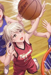 3girls ball basketball basketball_(object) basketball_court basketball_jersey basketball_uniform blonde_hair blue_shirt blue_shorts blurry commentary_request depth_of_field from_above highres jersey love_live! love_live!_nijigasaki_high_school_idol_club medium_hair miyashita_ai multiple_girls open_mouth red_shirt red_shorts shamakho shirt shorts smile solo_focus sportswear teeth upper_teeth_only white_footwear yellow_eyes