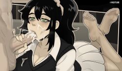 1girl absurdres artist_name black_hair black_vest blush breasts cleavage collarbone collared_shirt commentary crossed_ankles cum cum_on_body cum_on_clothes cum_overflow cumdrip english_commentary erection eyelashes facial feet feet_up fellatio green_eyes hair_between_eyes hand_on_another&#039;s_head hetero highres large_breasts lying mazatlark nail_polish on_stomach oral pantyhose penis pleated_skirt ponytail renee_graves shirt sidelocks skirt soles solo the_coffin_of_andy_and_leyley the_pose toe_seam toenail_polish toenails toes twitter_username veins veiny_penis vest white_shirt white_skirt