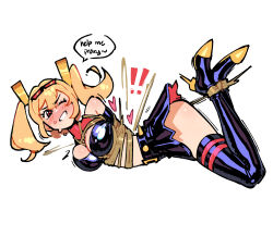 Rule 34 | 1girl, absurdres, bare shoulders, black boots, black skirt, black tube top, blonde hair, blush, boots, breasts, burnice white, commentary, english commentary, english text, full body, high heel boots, high heels, highres, kaatokun, large breasts, long hair, one eye closed, restrained, shibari, simple background, skirt, speech bubble, strapless, thigh boots, tube top, twintails, white background, zenless zone zero