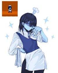 1other 36_se_shuicai_bi apron black_pants blue_hair blue_skin blue_vest chef_hat chinese_commentary closed_mouth collared_shirt colored_skin commentary_request deltarune hair_over_one_eye hand_on_own_hip hat highres holding holding_jar jar kris_(deltarune) medium_hair mini_hat official_alternate_costume other_focus pants red_eyes reference_inset screenshot_inset shirt solo vest white_apron white_shirt