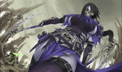 1girl akali armor breasts colored_skin darksiders exaxuxer from_below holding holding_scythe holding_weapon league_of_legends mask outdoors purple_skin scythe sideboob skeleton skull skull_mask solo_focus standing thighhighs weapon