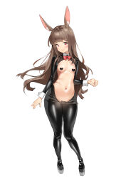 1girl absurdres animal_ears black_pantyhose black_shrug bow bowtie breasts brown_hair commentary crotchless crotchless_pantyhose english_commentary frontless_outfit full_body heart_maebari heart_pasties highres long_hair long_sleeves maebari meme_attire mr1thonk navel original pantyhose pasties rabbit_ears rabbit_girl red_bow red_bowtie red_eyes revealing_clothes reverse_bunnysuit reverse_outfit shrug_(clothing) simple_background small_breasts smile solo standing white_background white_sleeve_cuffs wing_collar