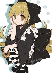 1girl black_bow black_choker blonde_hair blush_stickers bow choker donut food hand_on_own_cheek hand_on_own_face highres holding holding_donut holding_food japanese_clothes kimono long_hair looking_at_viewer monogatari_(series) oshino_shinobu pointy_ears signature solo thighhighs twitter_username valhalla0707 very_long_hair wide_sleeves yellow_eyes
