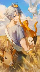 1boy :d absurdres animal animal_on_head antenna_hair arm_belt asymmetrical_sleeves bird bird_on_head black_gloves blue_eyes blue_sky cat commentary deer dove english_commentary fingerless_gloves gloves hadanugi_dousa highres holding holding_animal honkai:_star_rail honkai_(series) looking_at_viewer lyhae0 male_focus neck_tattoo on_head open_kimono open_mouth pants phainon_(a_dream_scented_in_wheat)_(honkai:_star_rail) phainon_(honkai:_star_rail) rabbit shirt short_hair short_sleeves sky sleeveless sleeveless_shirt smile solo tattoo wheat_field white_hair white_shirt