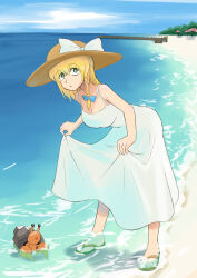 1girl absurdres alternate_costume bags_under_eyes black_sandals blackmznight blonde_hair blue_bow blue_sky bow braid breasts cleavage commentary_request cookie_(touhou) day dock dress full_body green_eyes hair_bow hat hat_bow hermit_crab highres kirisame_marisa large_breasts leaning_forward long_hair looking_at_viewer mars_(cookie) ocean outdoors sandals side_braid single_braid skirt_hold sky sleeveless sleeveless_dress solo standing sun_hat sundress touhou wading water white_bow white_dress