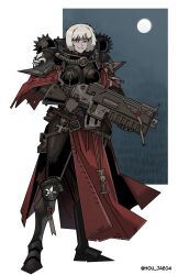1girl adepta_sororitas armor boobplate breastplate commentary commission english_commentary freckles full_body gloves grey_eyes grey_gloves grin gun highres ho-uja holding holding_gun holding_weapon looking_at_viewer parted_lips pauldrons pelvic_curtain sabaton short_hair shoulder_armor skull smile solo twitter_username warhammer_40k weapon white_hair