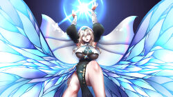 1girl absurdres aponia arms_up black_dress blonde_hair breast_curtains breasts butterfly_wings commentary_request dress ej_com_dd highres honkai_(series) honkai_impact_3rd insect_wings large_breasts medium_hair nun pelvic_curtain solo thighs underboob veil white_veil wings