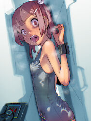 1girl 1other blue_one-piece_swimsuit bound bound_wrists breast_press crying crying_with_eyes_open cuffs from_side hair_ornament hair_ribbon hairclip highres looking_at_viewer one-piece_swimsuit open_mouth original paid_reward_available red_eyes red_hair restrained ribbon school_swimsuit short_hair snot solo_focus soon_(c-u-soon) stationary_restraints sweat swimsuit tears upper_body white_ribbon