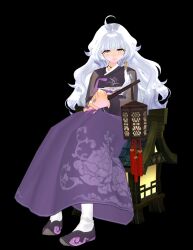 1girl 3d ahoge game_screenshot grey_hair korean_clothes lantern long_hair mabinogi official_art purple_skirt rowan_(mabinogi) simple_background sitting skirt yellow_eyes