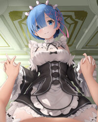 1girl 1other absurdres bare_shoulders black_dress black_hairband blue_eyes blue_hair blunt_bangs blurry blush breasts collar commentary_request depth_of_field detached_collar detached_sleeves dress eyelashes eyes_visible_through_hair frilled_collar frilled_dress frilled_sleeves frills from_below gibun_(sozoshu) grin hair_ornament hair_over_one_eye hair_ribbon hairband head_tilt highres holding_hands implied_sex indoors interlocked_fingers long_sleeves looking_at_viewer maid medium_breasts neck_ribbon pov pov_hands purple_ribbon re:zero_kara_hajimeru_isekai_seikatsu red_ribbon rem_(re:zero) revision ribbon roswaal_mansion_maid_uniform short_dress short_hair sidelighting smile solo_focus straddling straight-on thighhighs white_collar white_thighhighs wide_sleeves x_hair_ornament zettai_ryouiki