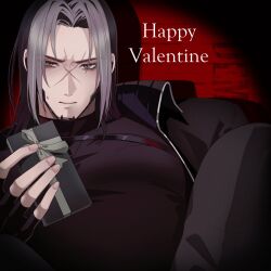 Rule 34 | 1boy, angon623, black jacket, black shirt, box, brown eyes, character name, chest harness, chin guard, commentary, cross scar, demon (path to nowhere), fingerless gloves, forehead, gift, gift box, gloves, grey hair, happy valentine, harness, height chart, highres, holding, holding box, holding gift, jacket, looking at viewer, male focus, medium hair, open clothes, open jacket, parted bangs, path to nowhere, red background, scar, scar on face, shirt, solo, spotlight, sweatdrop, turtleneck, turtleneck shirt