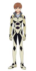 1boy black_bodysuit bodysuit brown_hair full_body green_eyes grey_shirt gundam gundam_gquuuuuux highres looking_at_viewer male_focus mecha_pilot_suit mole mole_under_mouth official_art shirt short_hair simple_background solo standing transparent_background white_bodysuit xavier_olivette