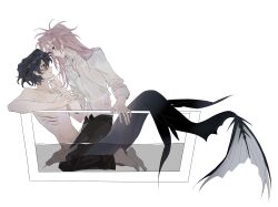 2boys absurdres barefoot black_eyes black_hair black_pants blush chinese_commentary closed_mouth collarbone collared_shirt commentary_request fins gills hatsutori_hajime highres long_hair long_sleeves male_focus merman monster_boy monsterification multiple_boys open_collar pants pink_hair red_eyes saibou_shinkyoku shirt short_hair sweat utsugi_noriyuki white_shirt xian_yue yaoi