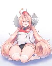 1girl 702_(naotsu) absurdres bell black_one-piece_swimsuit coat collar commentary_request drum_(kancolle) garrison_cap gloves grey_eyes hair_ornament hair_rings hat headgear highleg highleg_one-piece_swimsuit highres kantai_collection kneeling leaning_back long_hair metal_collar neck_bell one-piece_swimsuit pink_hair red_hat simple_background skull_print solo star_(symbol) star_hair_ornament star_ornament swimsuit swimsuit_under_clothes thighs two-tone_one-piece_swimsuit very_long_hair white_background white_coat white_gloves