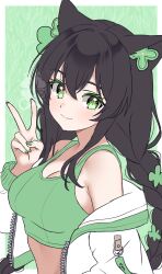 1girl absurdres animal_ears bare_shoulders black_hair braid breasts cat_ears cleavage closed_mouth clover crop_top etherealmeow four-leaf_clover green_eyes green_nails green_shirt hand_up highres indie_virtual_youtuber jacket kitsunya_(vtuber) large_breasts long_hair looking_at_viewer midriff nail_polish off_shoulder open_clothes open_jacket second-party_source shirt sleeveless sleeveless_shirt smile solo symbol-shaped_pupils tank_top twin_braids twintails upper_body v virtual_youtuber white_jacket