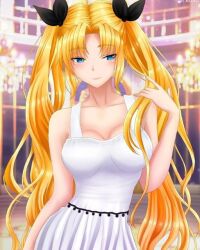 1girl blonde_hair blue_eyes blush closed_mouth dress female_focus hair_ornament hand_up lo_po_bia_lilial_zahard long_hair sleeveless sleeveless_dress smile solo tower_of_god twintails very_long_hair white_dress