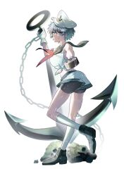 1girl anchor anchor_symbol aqua_eyes bike_shorts bike_shorts_under_shorts black_hair black_shoes black_shorts chain collared_shirt full_body hat highres holding holding_ladle ladle looking_at_viewer midriff murasa_minamitsu neckerchief red_neckerchief rock sailor_hat shirt shoes short_hair shorts socks solo standing standing_on_one_leg takenoko_(takenoko26_24) tied_shirt touhou white_background white_hat white_shirt white_shorts white_socks