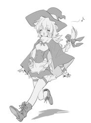 1girl apron bad_id bad_twitter_id blush boots bow braid breasts cape character_request copyright_request dress floating_hair full_body greyscale hair_bow happy hat inactive_account long_hair long_sleeves monochrome musical_note open_mouth simple_background single_braid small_breasts smile solo suiso_(owp) thigh_strap walking witch_hat