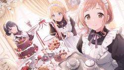 3girls apron black_hair blonde_hair blue_eyes blueberry brown_eyes brown_hair cake chocolate cup curtains drinking_glass flower food fruit game_cg hachimiya_meguru heart highres holding idolmaster idolmaster_shiny_colors idolmaster_shiny_colors_song_for_prism illumination_stars_(idolmaster) kazano_hiori leaf maid maid_headdress multiple_girls neck_ribbon official_art open_mouth plate puffy_sleeves ribbon sakuragi_mano smile strawberry table teacup teapot tray wine_glass