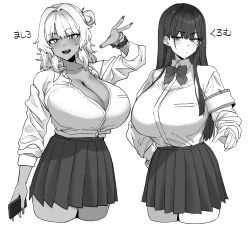 2girls absurdres armband bow bowtie breasts cleavage closed_mouth collared_shirt fingernails greyscale gyaru hair_bun highres holding holding_phone hotate-chan large_breasts long_fingernails long_hair long_sleeves monochrome multiple_girls open_mouth original phone pleated_skirt school_uniform scrunchie shirt single_hair_bun skirt smile translation_request wrist_scrunchie