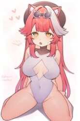 1girl animal_ears bare_shoulders beret black_hat blush breasts collarbone goggles goggles_on_head hair_intakes hat heart highres hololive hololive_english large_breasts long_hair looking_at_viewer multicolored_hair navel one-piece_swimsuit open_mouth panther_ears panther_girl patreon_username pink_background pink_hair raora_panthera sitting solo spoken_blush stomach streaked_hair sweatdrop swimsuit szuukie thighs two-tone_hair virtual_youtuber wariza white_background white_hair white_one-piece_swimsuit yellow_eyes
