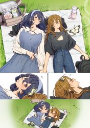 2girls 404no2929 backpack bag bento black_shirt blue_dress blue_hairband blush brown_hair bug butterfly butterfly_on_head closed_eyes closed_mouth commentary_request dress green_socks hairband holding_hands insect long_hair long_sleeves looking_at_another lying miya_(404no2929) multiple_girls on_back original parted_lips picnic_blanket pinafore_dress purple_eyes purple_hair shion_(404no2929) shirt sleeping sleeveless sleeveless_dress socks thermos white_shirt yellow_butterfly yuri