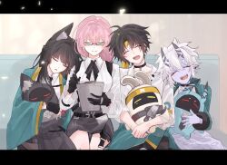 1boy 3girls animal_ears aqua_jacket asaba_harumasa bangboo_(zenless_zone_zero) black_choker black_hair black_skirt blue_oni blue_skin blunt_bangs choker closed_eyes collared_shirt colored_skin drooling fox_ears fox_girl glasses hair_between_horns headband high-waist_skirt highres holding holding_paper hoshimi_miyabi jacket leaning_on_person long_hair multiple_girls oni open_clothes open_jacket open_mouth paper pencil_skirt pink_hair saliva shirt short_hair skirt sleeping smile soukaku_(zenless_zone_zero) tsukishiro_yanagi white_hair white_shirt yellow_headband zenless_zone_zero zzz_ak