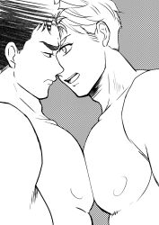 2boys ao_isami arguing bonzu_kmt couple eye_contact facial_hair from_side frown greyscale highres large_pectorals lewis_smith looking_at_another male_focus monochrome multiple_boys nipples nude pectoral_docking pectoral_press pectorals sideburns_stubble stubble thick_eyebrows upper_body yaoi yuuki_bakuhatsu_bang_bravern